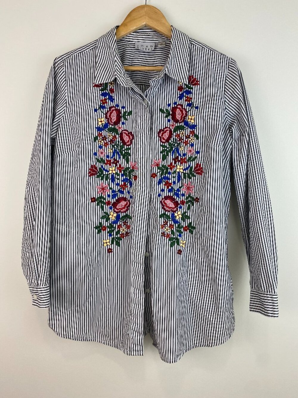 Joan Rivers Flower Floral Embroidered Striped Button Down | M